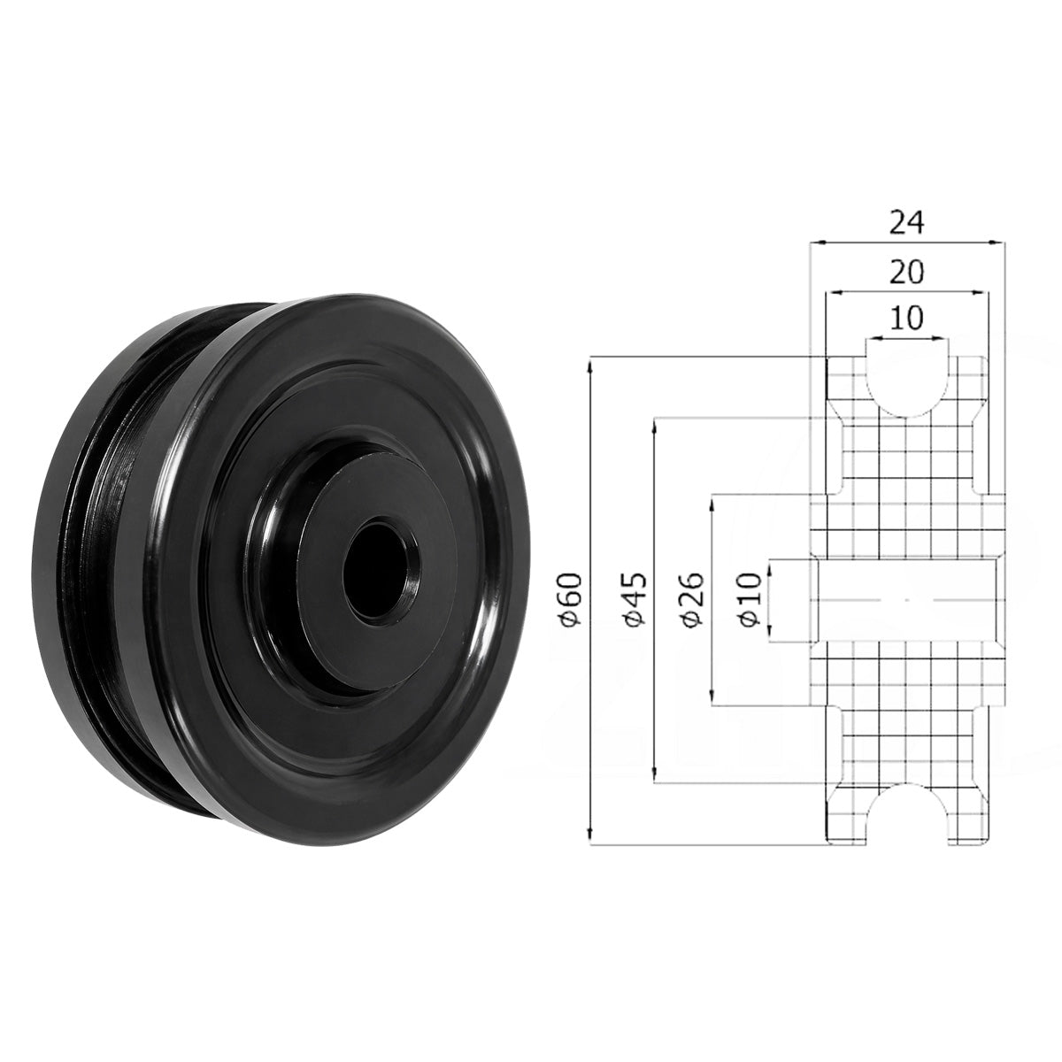 Seilrolle mit Gleitlager Ø 60mm Kunststoffrolle für Seil 10 mm C60-24/10/10
