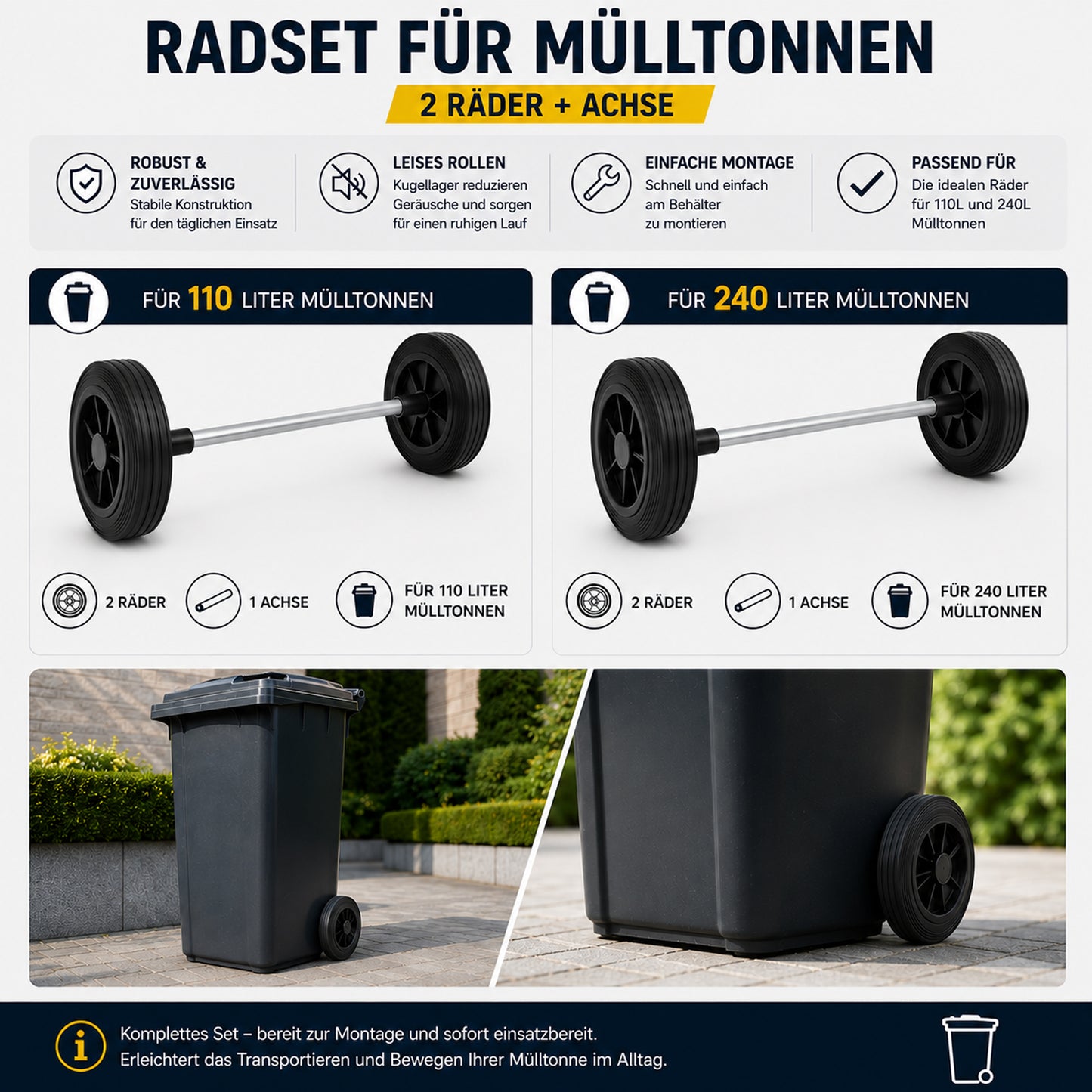 Müllbehälter Rad Mülleimer V=110L Räder 200mm mit Achse 60K*110 Set mit Achse