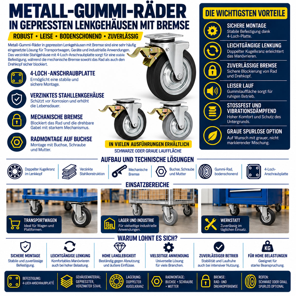 Metall-Gummiräder mit Befestigungsplatte und Bremse Lenkrolle Ø160 mm Code: 45NWH