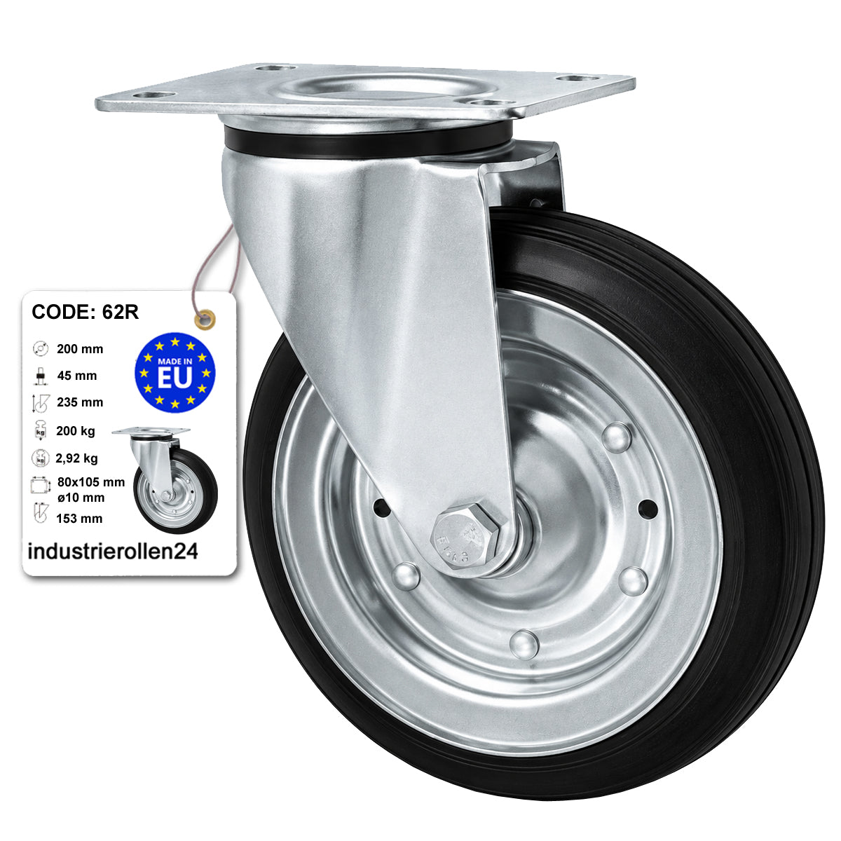 Metall-Gummiräder mit Befestigungsplatte Lenkrolle Ø200 mm mit Platte Code: 62R