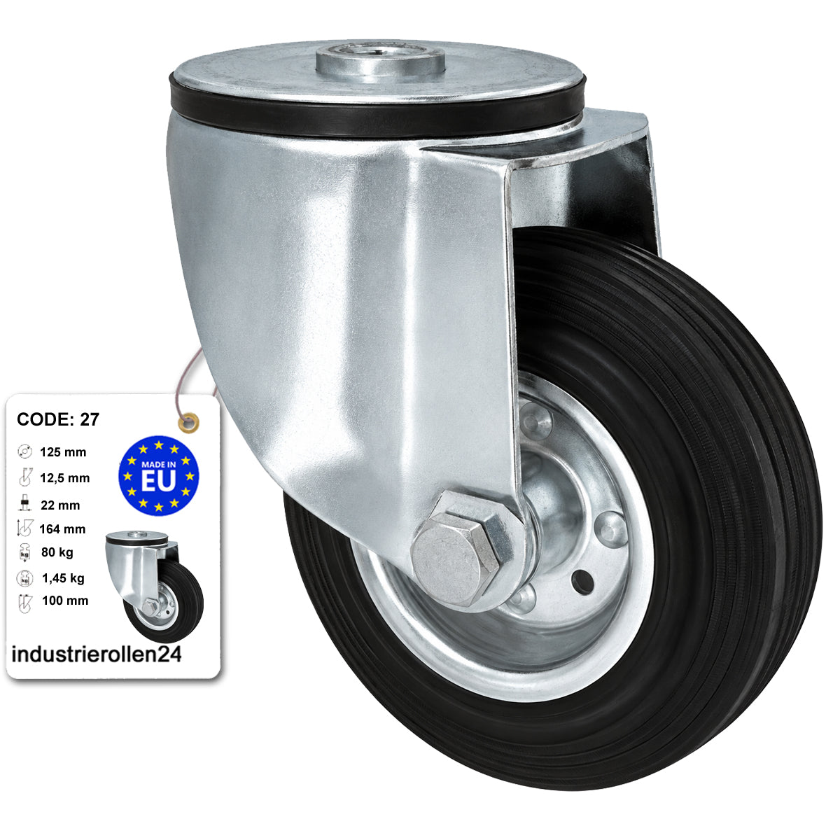 Metall-Gummiräder mit Befestigungsstift mit Zentralbohrung Ø125 mm Code: 27