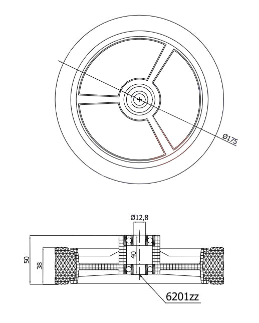 Rasenmäherrad 175 mm – Universal Ersatzrad aus Vollgummi mit Kugellager, Code: K175LL