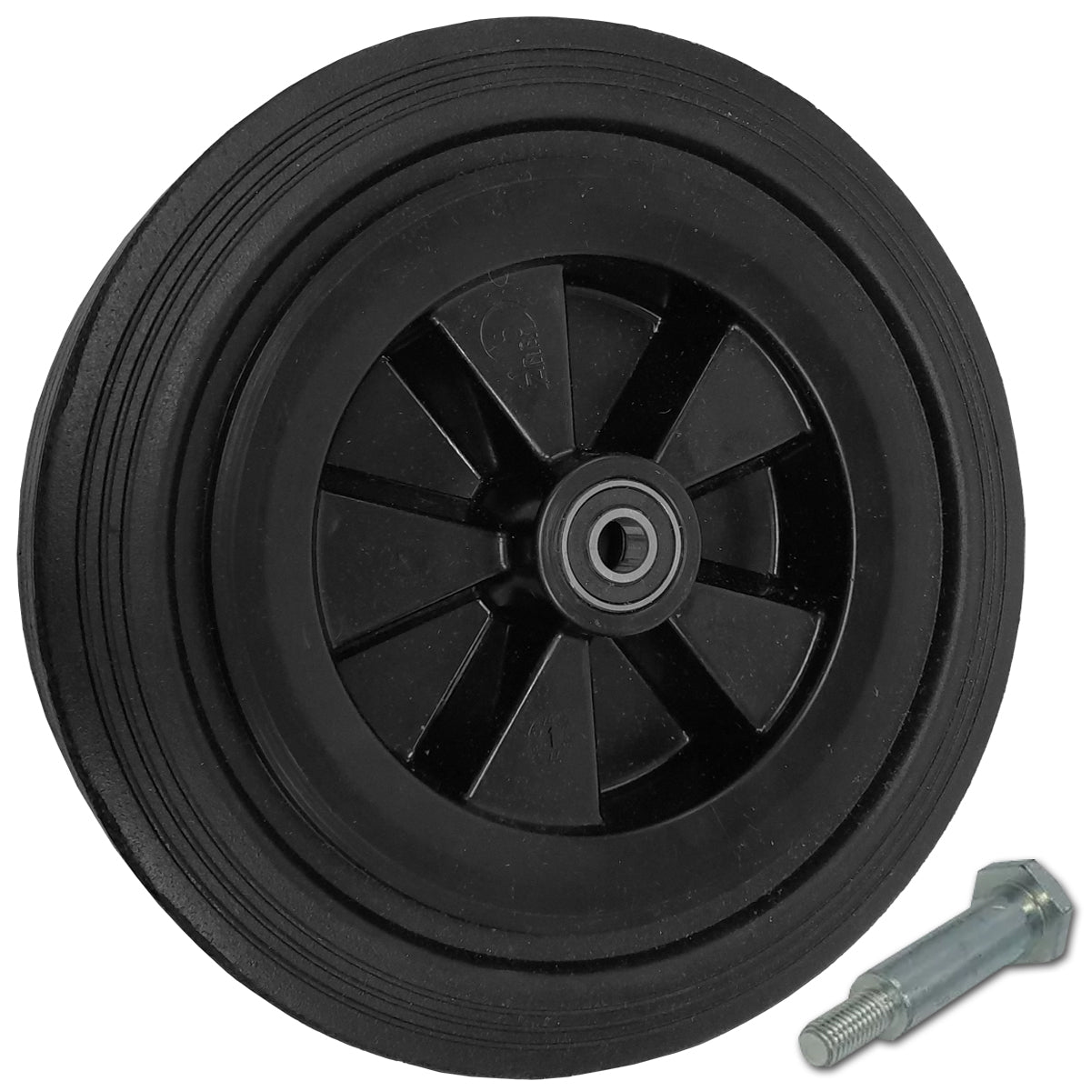 Rasenmäherrad 250 mm – Universal Ersatzrad aus Vollgummi mit Kugellager + Montage-Set, Code: K250LL*M10