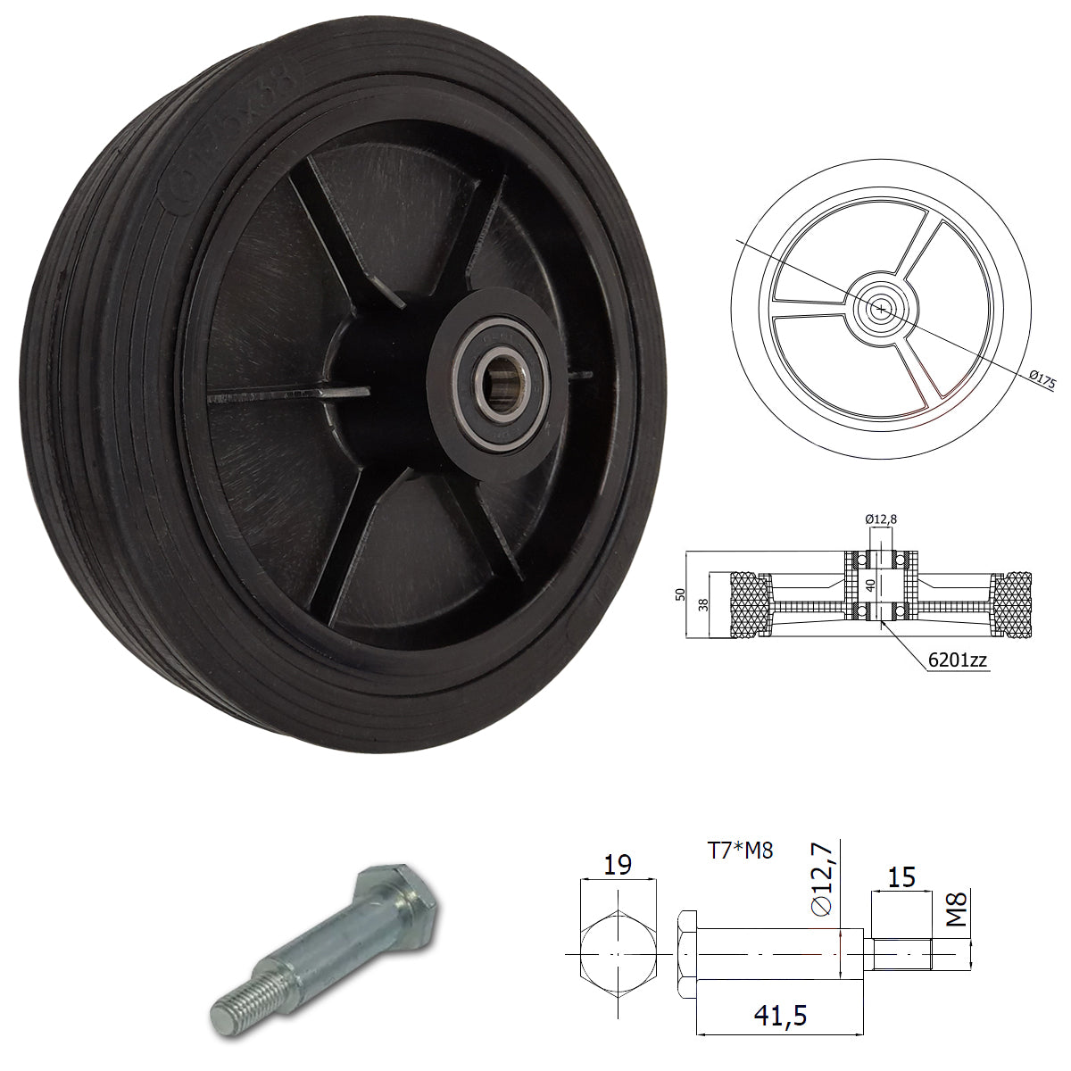 Rasenmäherrad 175 mm – Universal Ersatzrad aus Vollgummi mit Kugellager + Montage-Set, Code: K175LL*M8