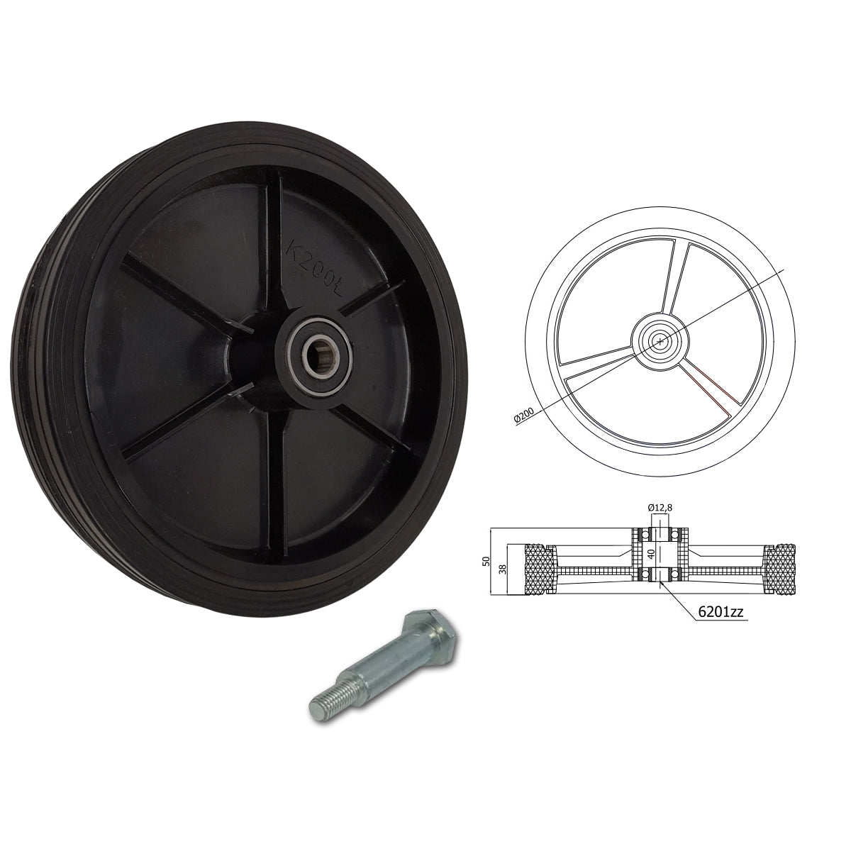 Rasenmäherrad 200 mm – Universal Ersatzrad aus Vollgummi mit Kugellager + Montage-Set, Code: K200LL*M10
