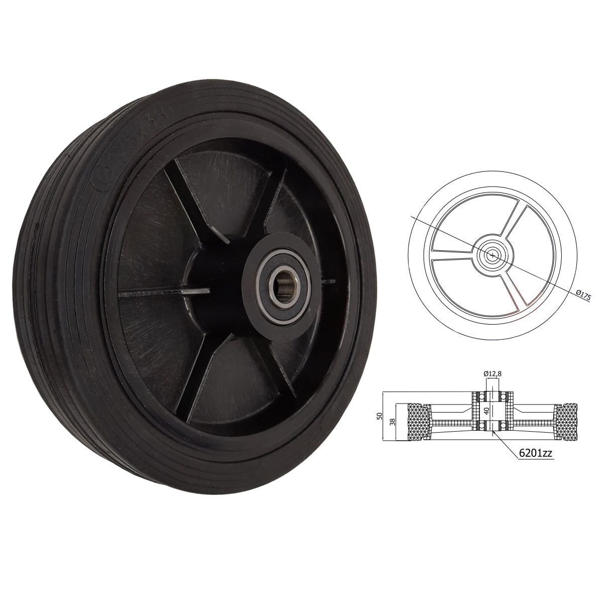 Rasenmäherrad 175 mm – Universal Ersatzrad aus Vollgummi mit Kugellager, Code: K175LL