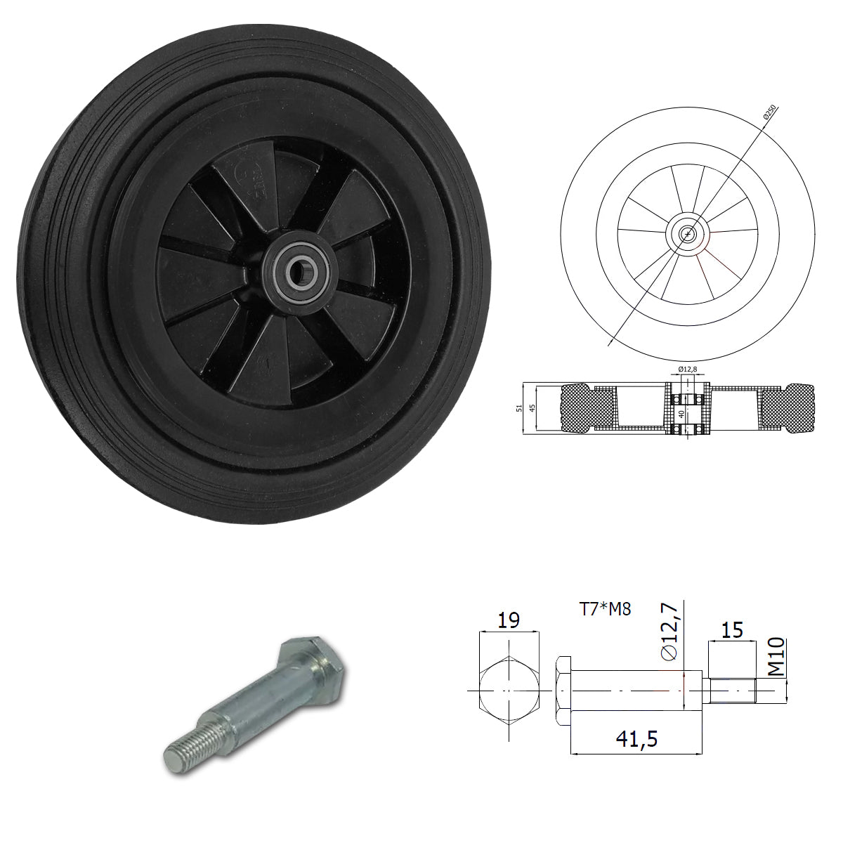 Rasenmäherrad 250 mm – Universal Ersatzrad aus Vollgummi mit Kugellager + Montage-Set, Code: K250LL*M10