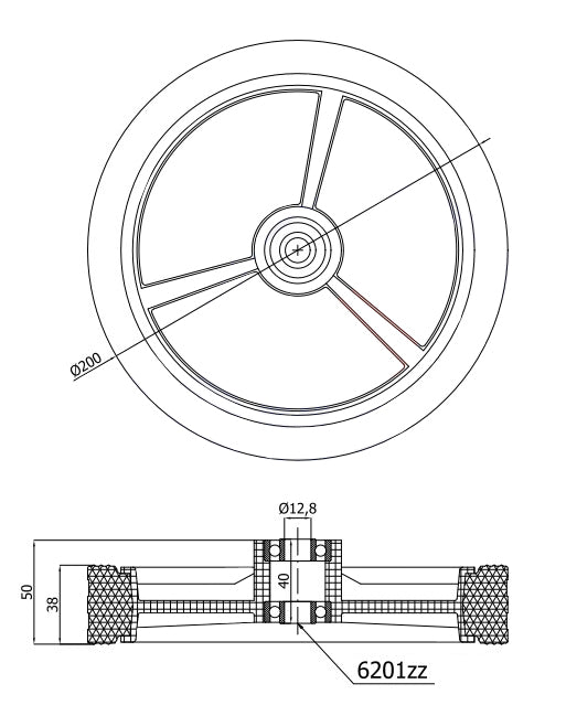 Rasenmäherrad 200 mm – Universal Ersatzrad aus Vollgummi mit Kugellager + Montage-Set, Code: K200LL*M10