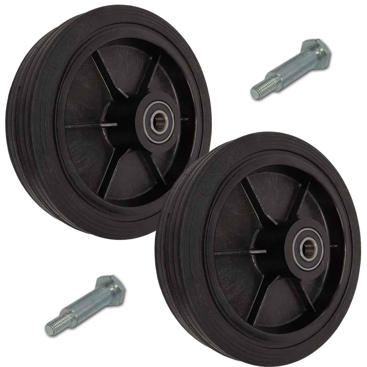 Rasenmäherrad 175 mm – Universal Ersatzrad aus Vollgummi mit Kugellager + Montage-Set, Code: K175LL*M8