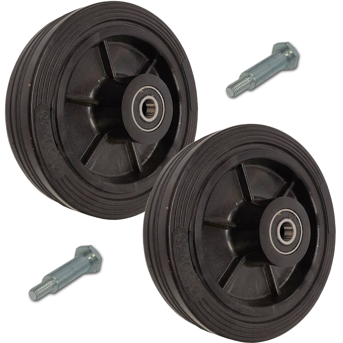 Rasenmäherrad 150 mm – Universal Ersatzrad aus Vollgummi mit Kugellager + Montage-Set, Code: K150LL*M10