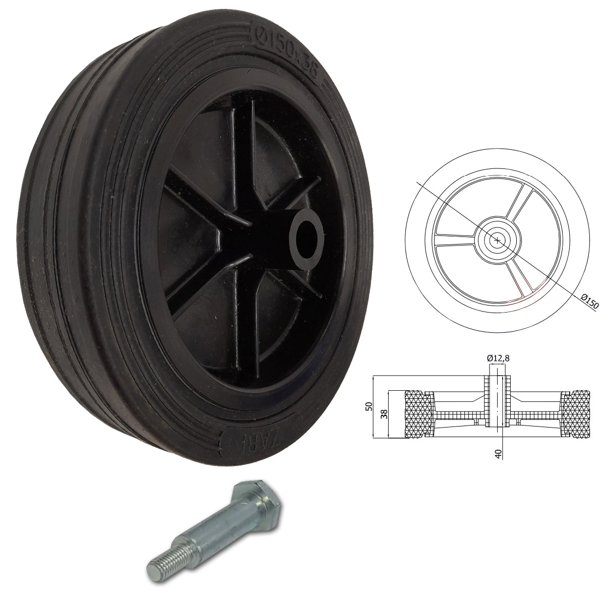 Rasenmäherrad 150 mm – Universal Ersatzrad aus Vollgummi + Montage-Set, Code: K150*M10