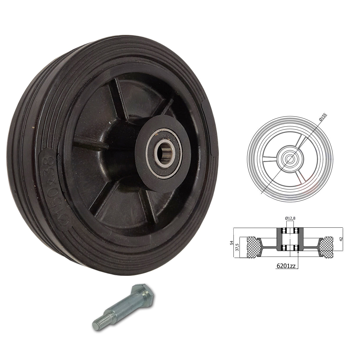 Rasenmäherrad 150 mm – Universal Ersatzrad aus Vollgummi mit Kugellager + Montage-Set, Code: K150LL*M10