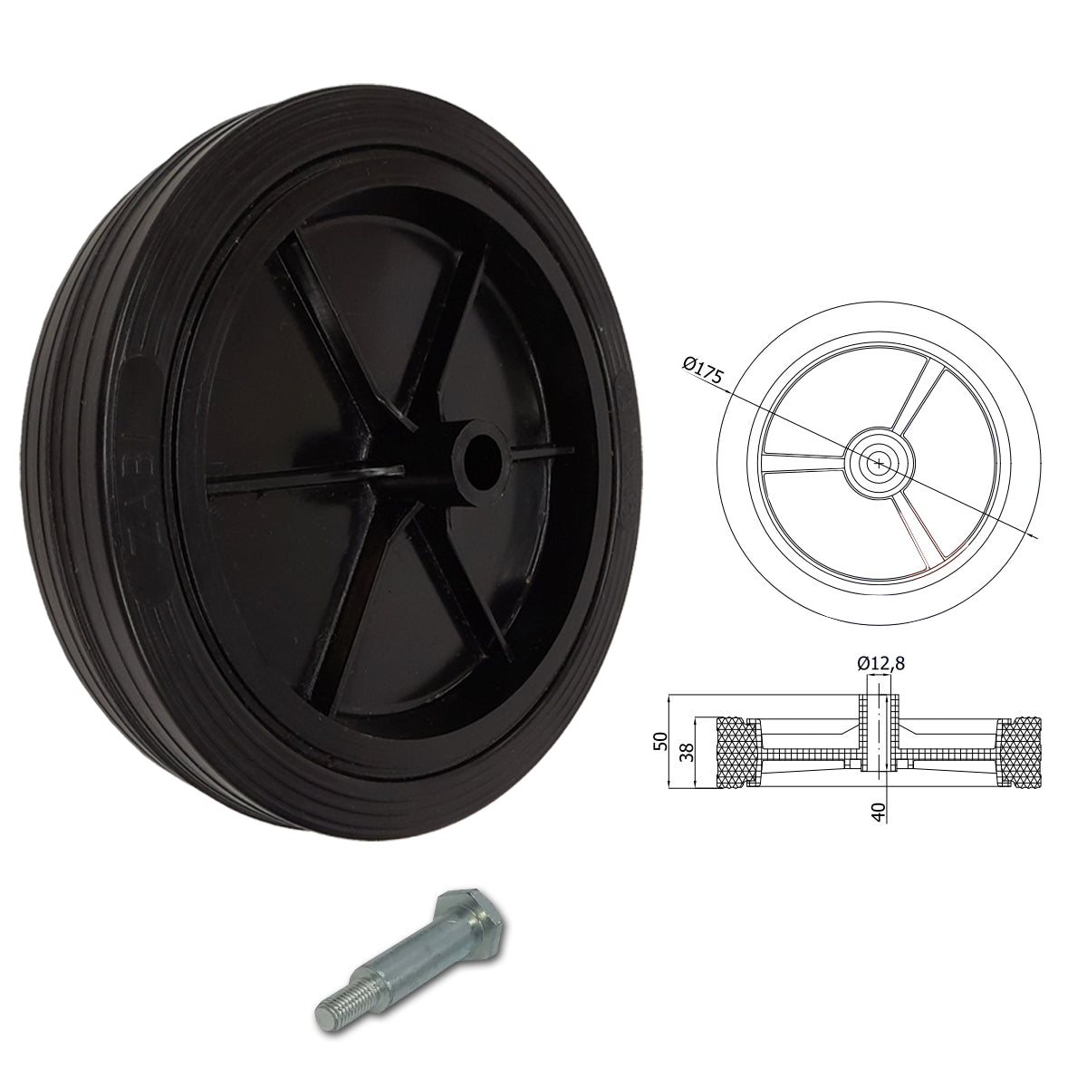 Rasenmäherrad 175 mm – Universal Ersatzrad aus Vollgummi + Montage-Set, Code: K175*M10