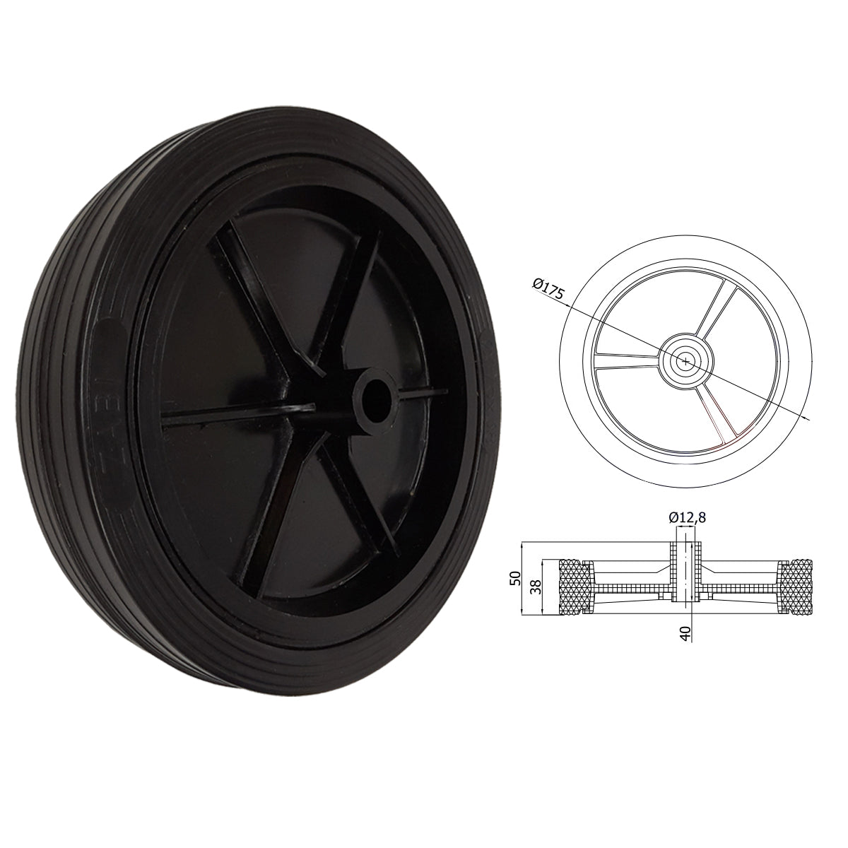 Rasenmäherrad 175 mm – Universal Ersatzrad aus Vollgummi für Rasenmäher, Code: K175