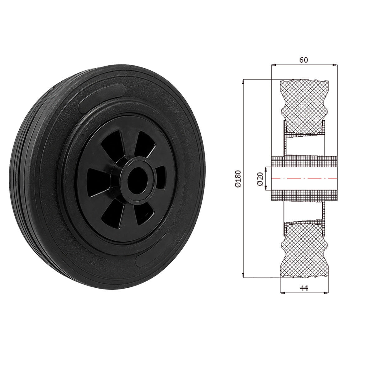 Vollgummi Rad Ø 180 mm mit Polypropylen-Felge Industrie Gummirad Code: 59T