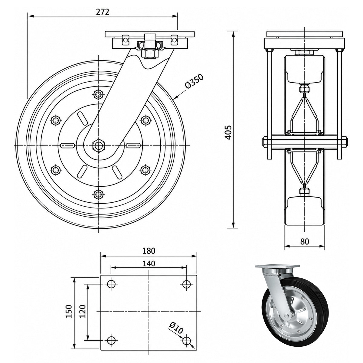 Metall-Gummiräder mit Befestigungsplatte Lenkrolle Ø350 mm mit Platte Code: 3502D