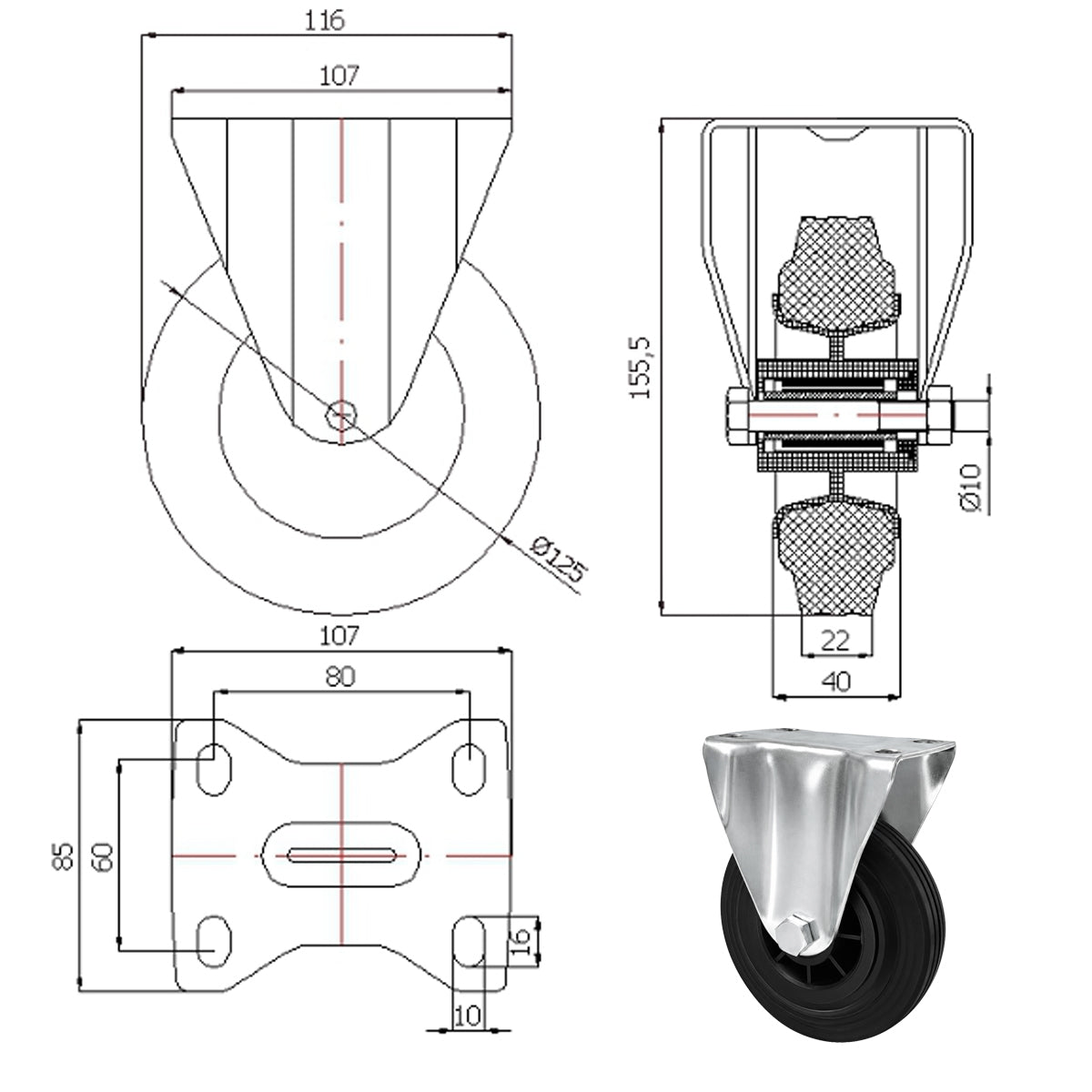 Kunststoff-Gummiräder in Bockrollengehäusen Lenkrolle Ø125 mm mit Platte Code: 23MT