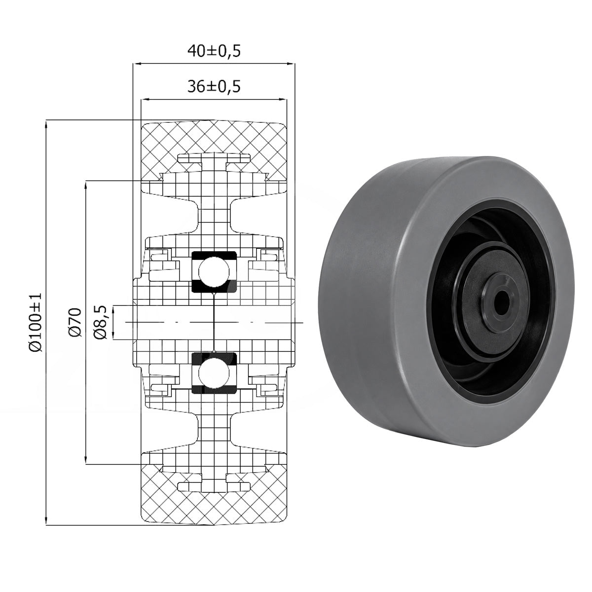Polypropylen-Polyurethan-Rad für Transportwagen und Industrieanwendungen Ø100 mm Code: 10PPUX