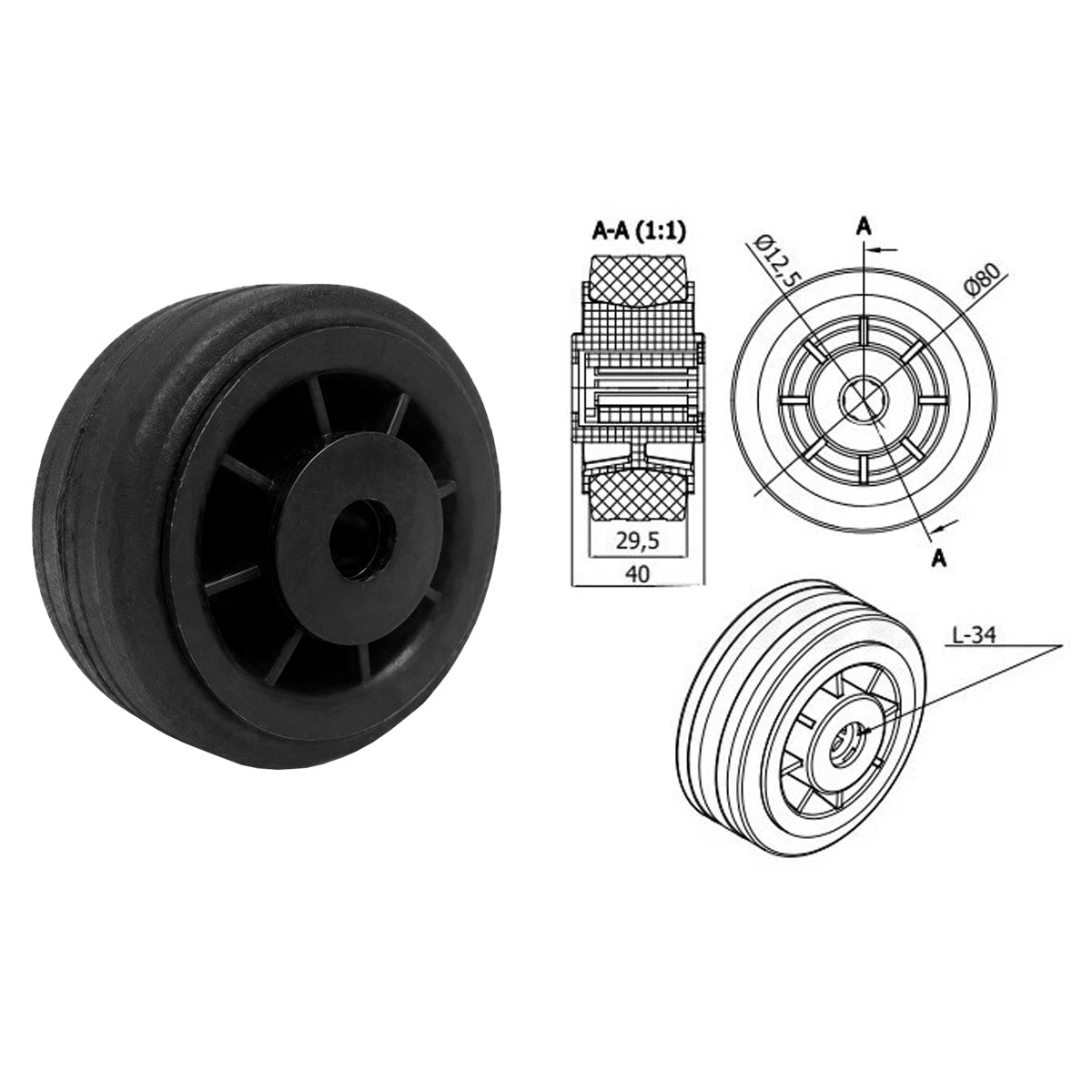 Vollgummi Rad Ø 80 mm  mit Polypropylen-Felge Industrie Gummirad 1T Rollenlager