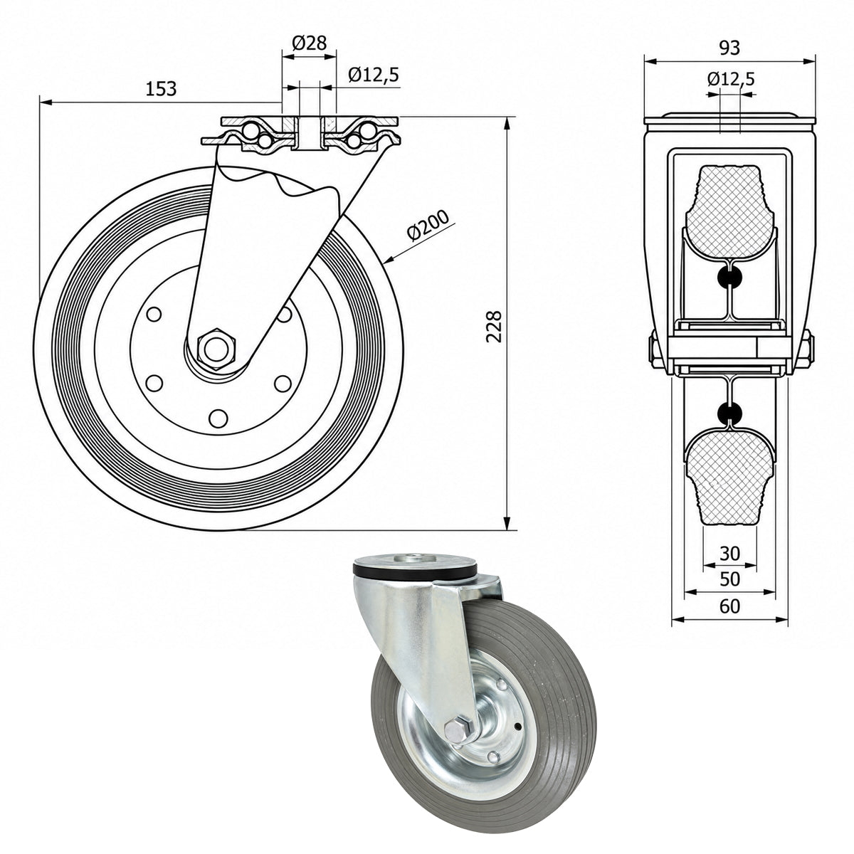 Metall-Gummiräder mit Befestigungsstift mit Zentralbohrung  Ø200 mm Code: 67S