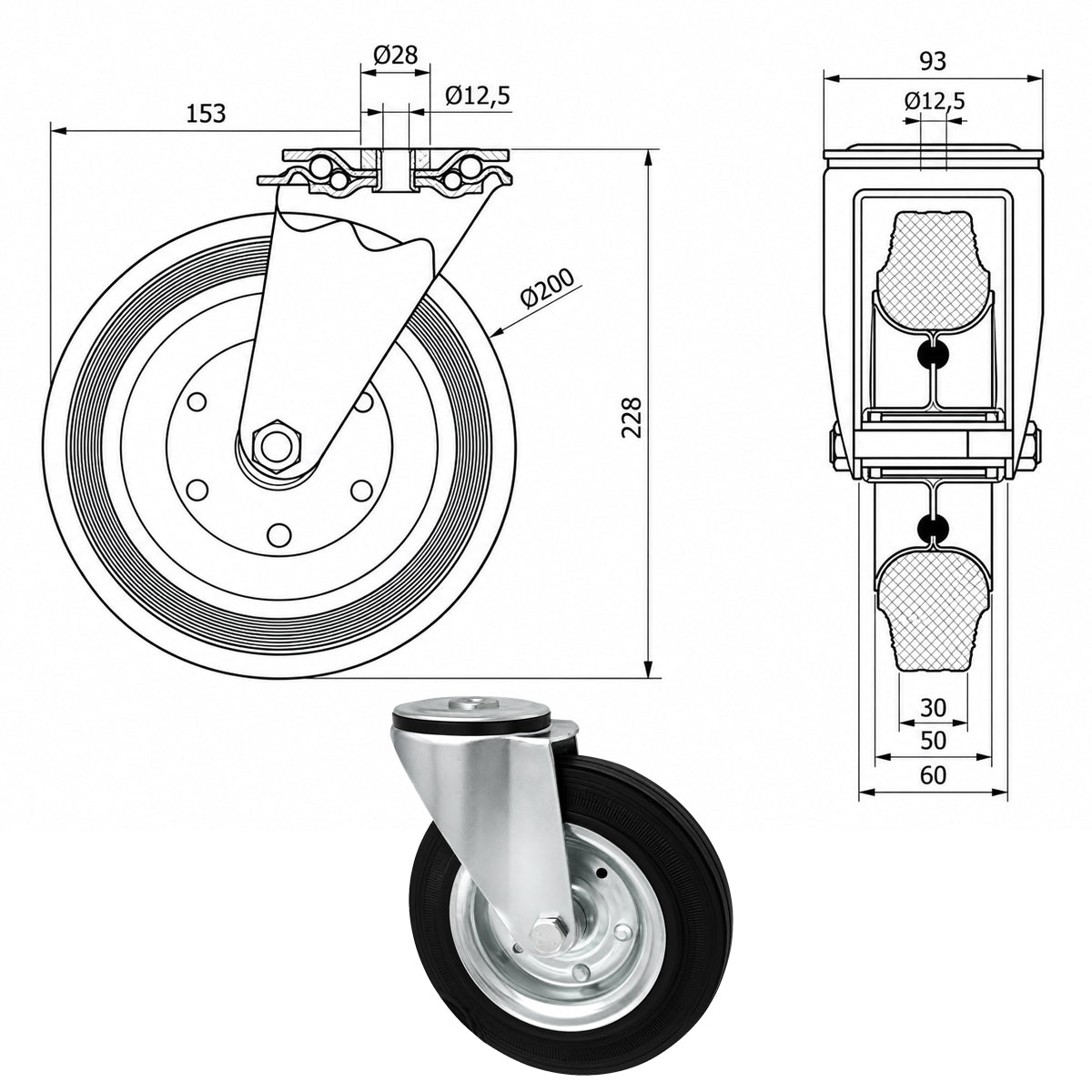 Metall-Gummiräder mit Befestigungsstift mit Zentralbohrung  Ø200 mm Code: 67