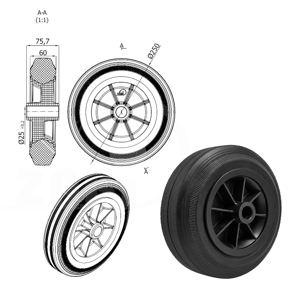 Vollgummi Rad Ø 250 mm mit Polypropylen-Felge Industrie Gummirad Code: 99T/25