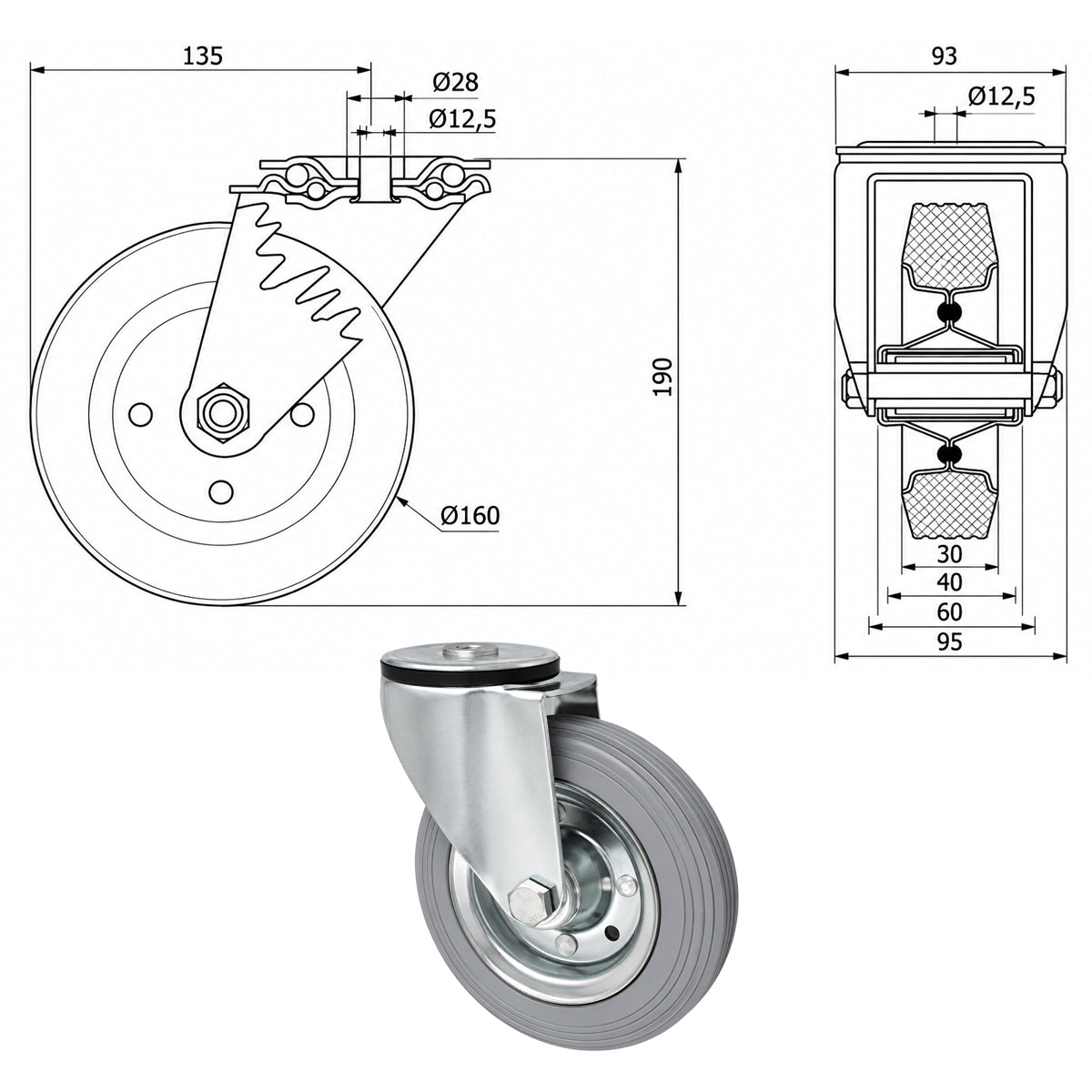 Metall-Gummiräder mit Befestigungsstift mit Zentralbohrung  Ø160 mm Code: 47S