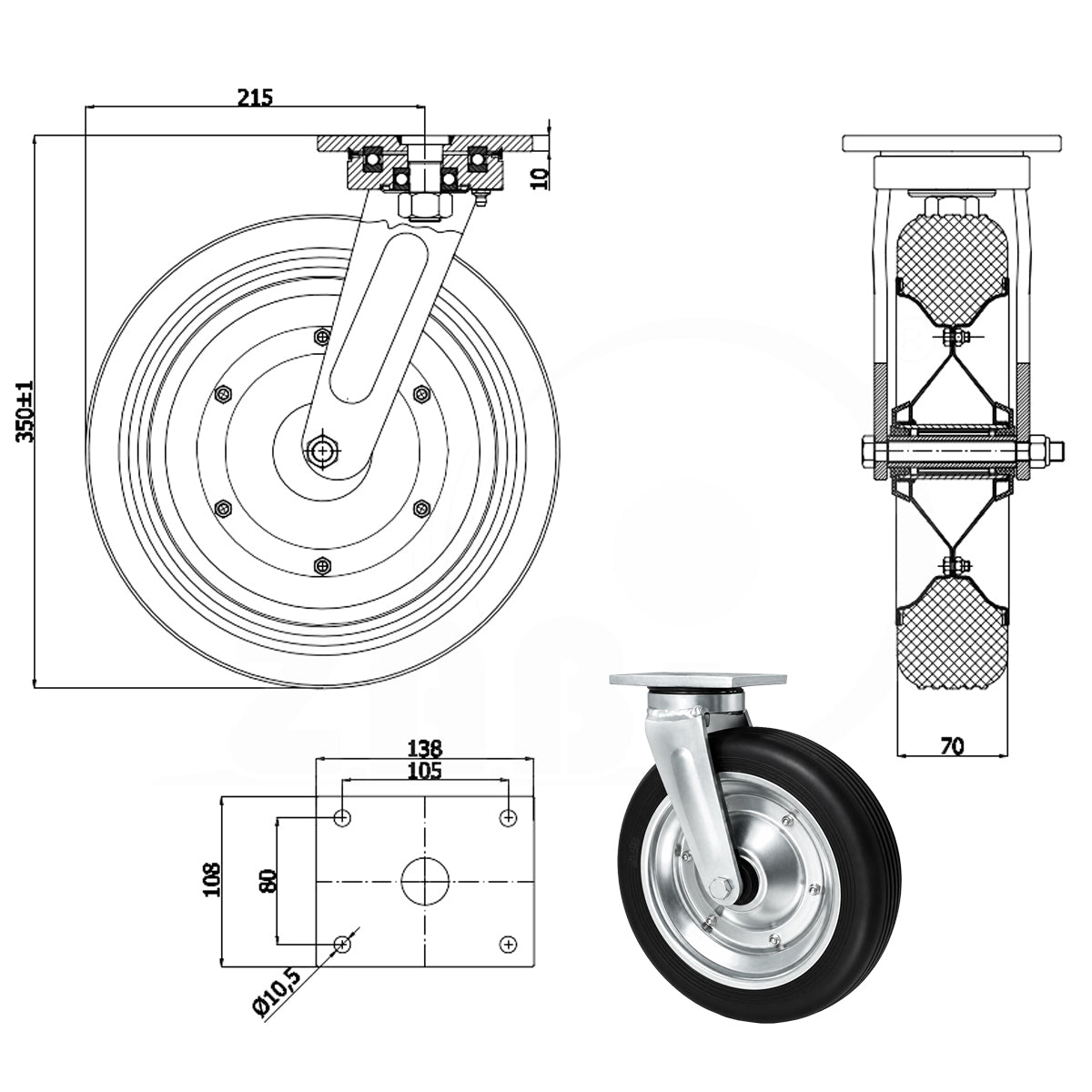 Metall-Gummiräder mit Befestigungsplatte Lenkrolle Ø300 mm mit Platte Code: 1002D