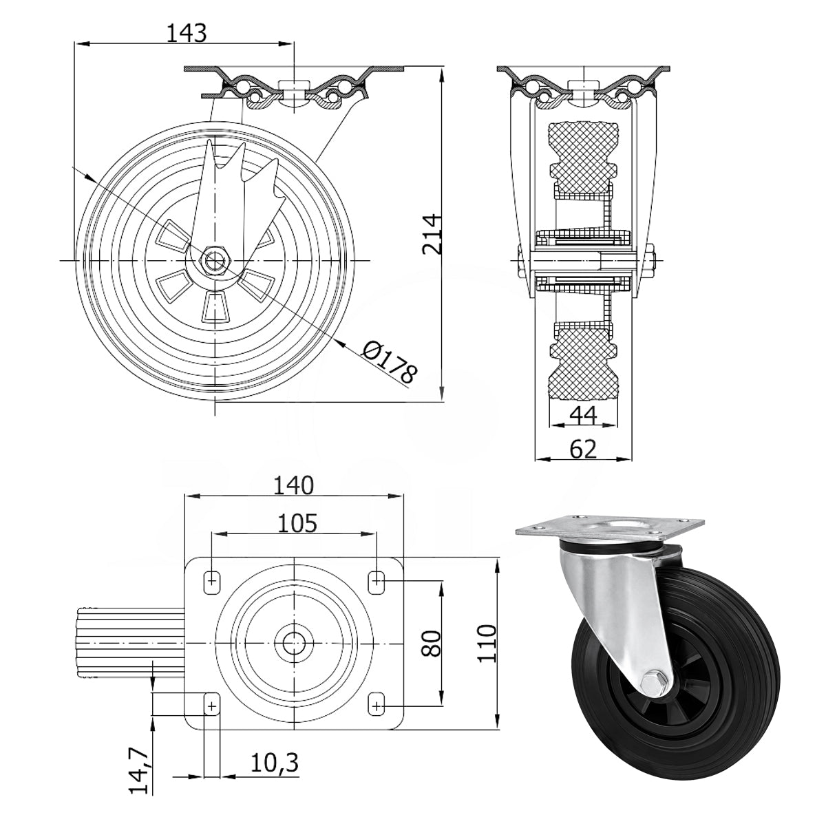 Kunststoff-Gummirrad mit Anschraubplatte Lenkrolle Ø180 mm mit Platte Code: 52T