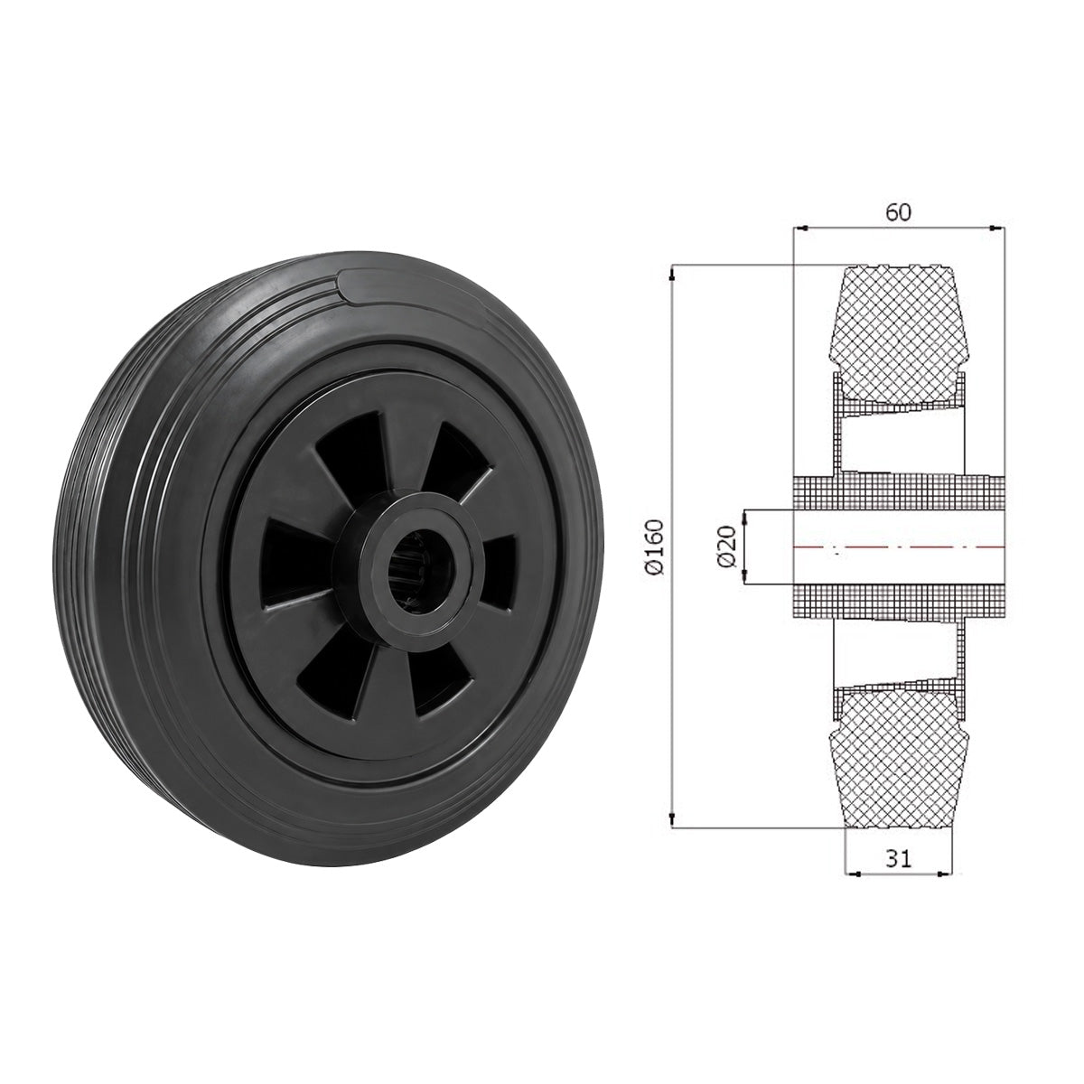 Vollgummi Rad Ø 160 mm mit Polypropylen-Felge Industrie Gummirad Code: 49T