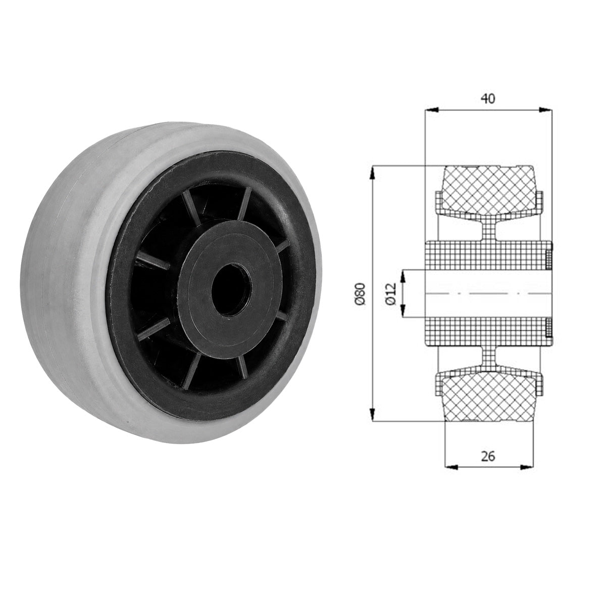 Vollgummi Rad Ø 80 mm mit Polypropylen-Felge Industrie Gummirad Code: 9TS