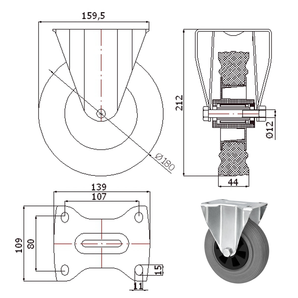 Kunststoff-Gummiräder in Bockrollengehäusen Lenkrolle Ø180 mm mit Platte Code: 53TS