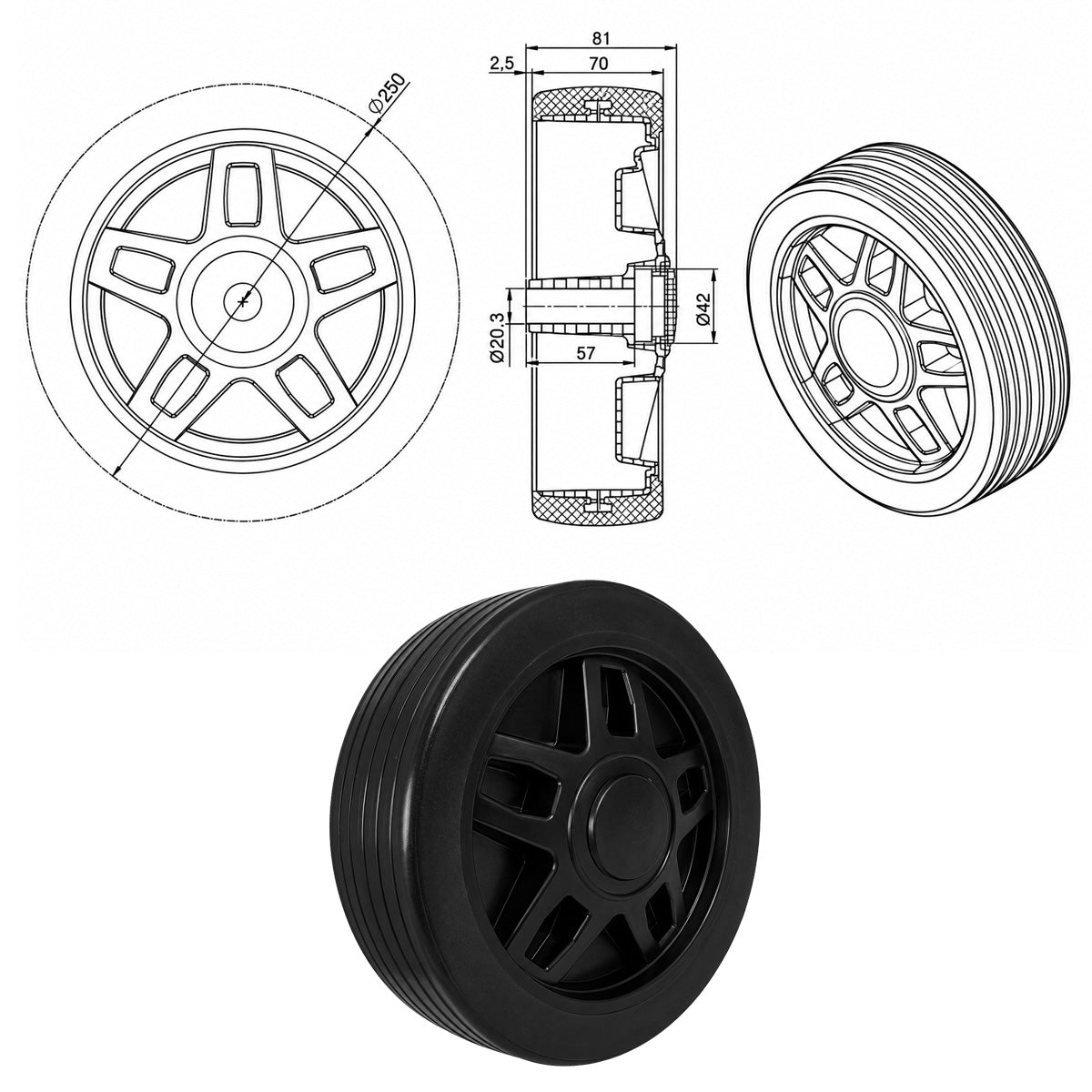 Polypropylen-Polyurethan-Rad für Transportwagen und Industrieanwendungen Ø250 mm Code: 99PPU/20