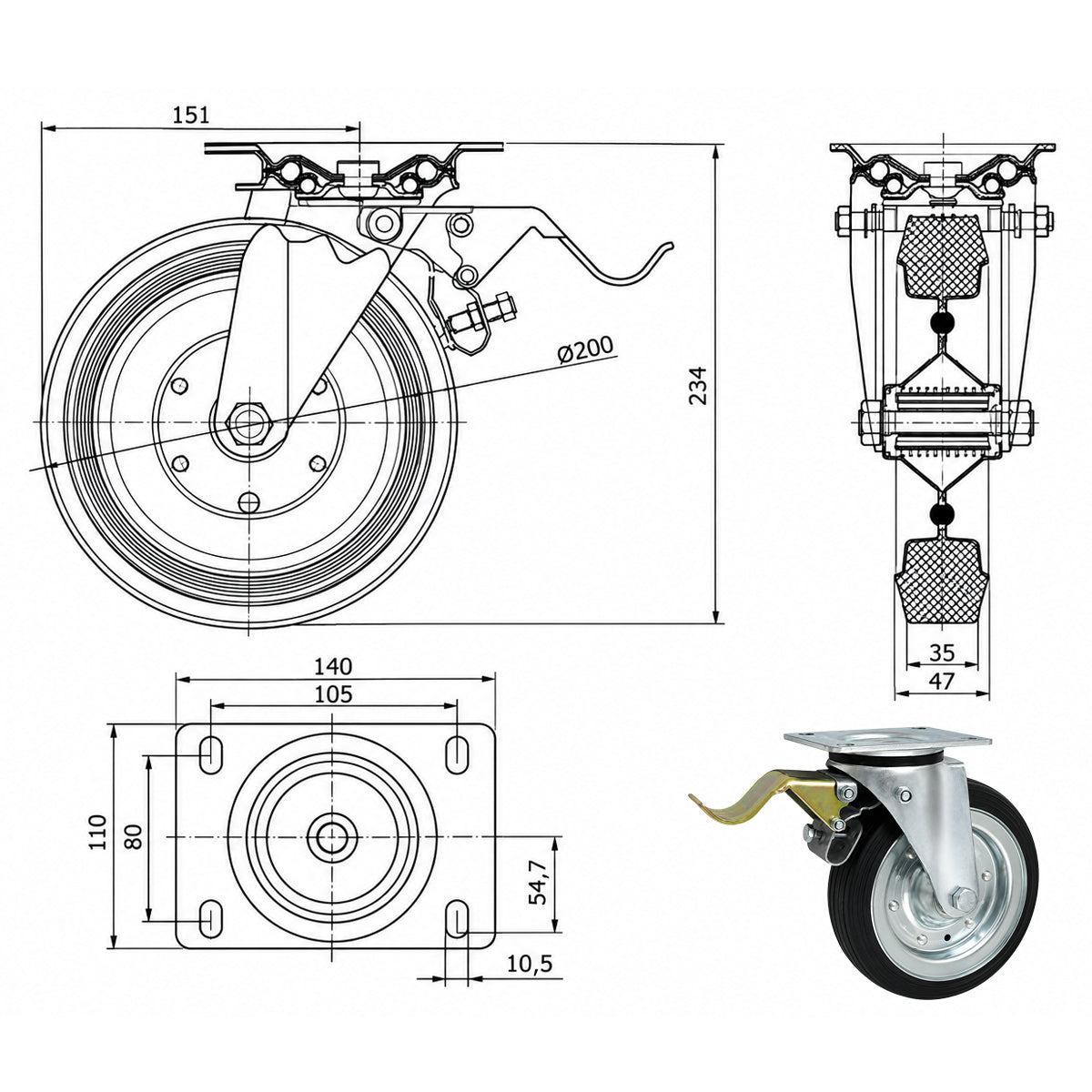 Metall-Gummiräder mit Befestigungsplatte und Bremse Lenkrolle Ø200 mm Code: 65FH