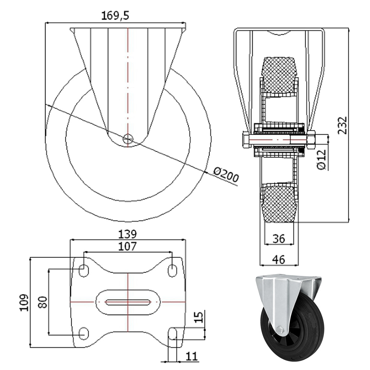 Kunststoff-Gummiräder in Bockrollengehäusen Lenkrolle Ø200 mm mit Platte Code: 63T9