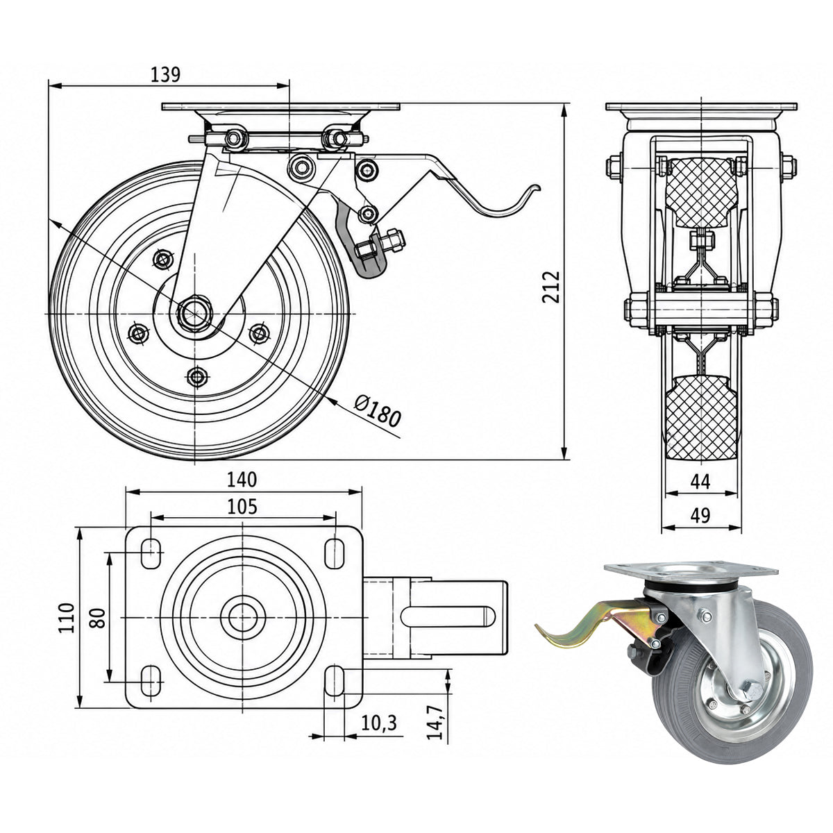 Metall-Gummiräder mit Befestigungsplatte und Bremse Lenkrolle Ø180 mm Code: 55NSH