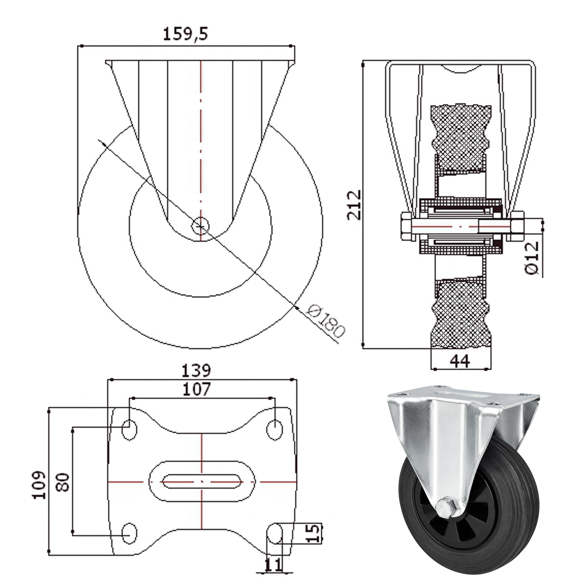 Kunststoff-Gummiräder in Bockrollengehäusen Lenkrolle Ø180 mm mit Platte Code: 53T9