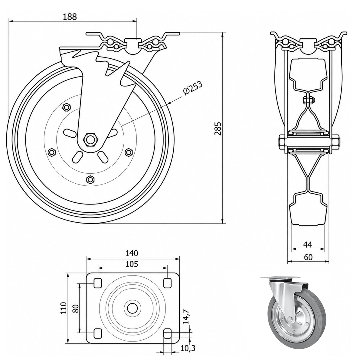 Metall-Gummiräder mit Befestigungsplatte Lenkrolle Ø250 mm mit Platte Code: 92S