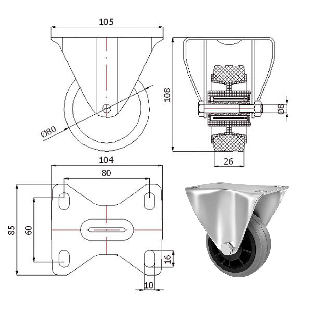 Kunststoff-Gummiräder in Bockrollengehäusen Lenkrolle Ø80 mm mit Platte Code: 4TS