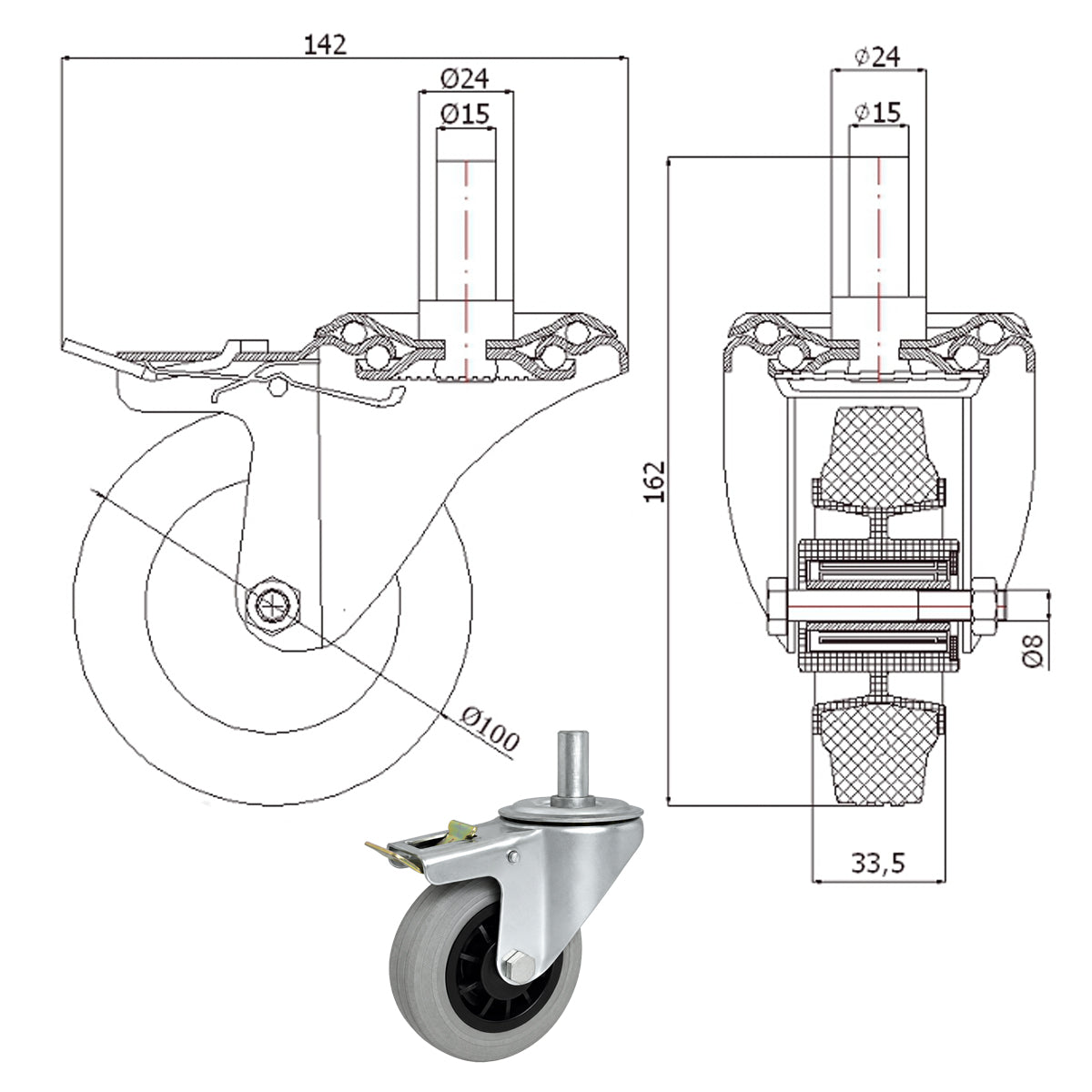 Kunststoff-Gummiräder mit Befestigungsstift und Bremse Lenkrollen  Ø100 mm Code: 16TS9H*15