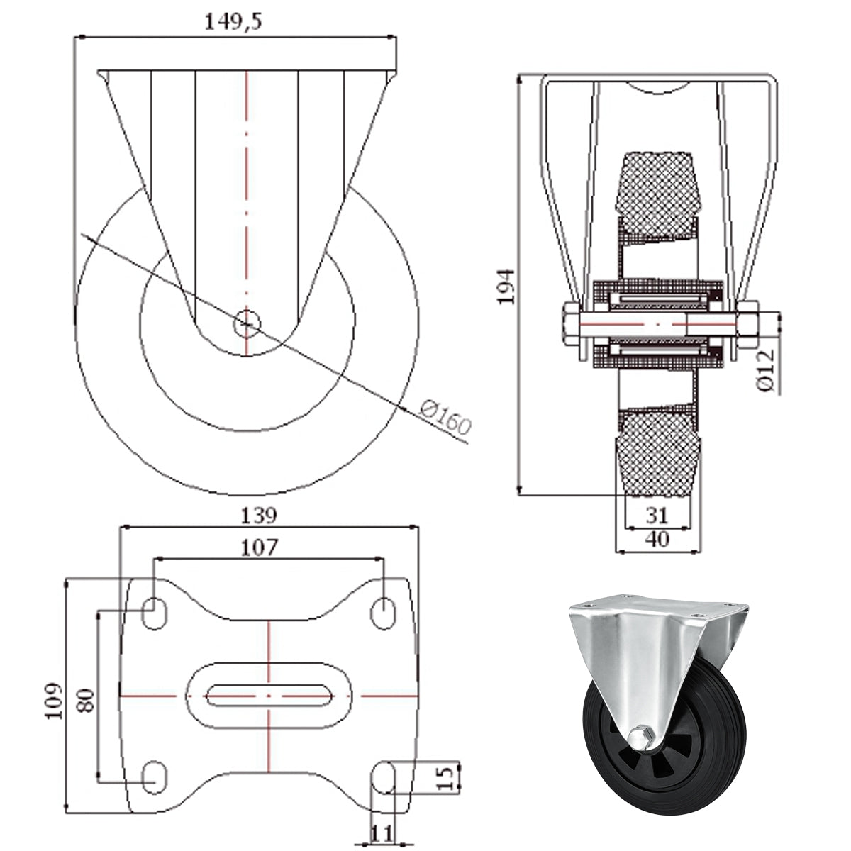 Kunststoff-Gummiräder in Bockrollengehäusen Lenkrolle Ø160 mm mit Platte Code: 43T9