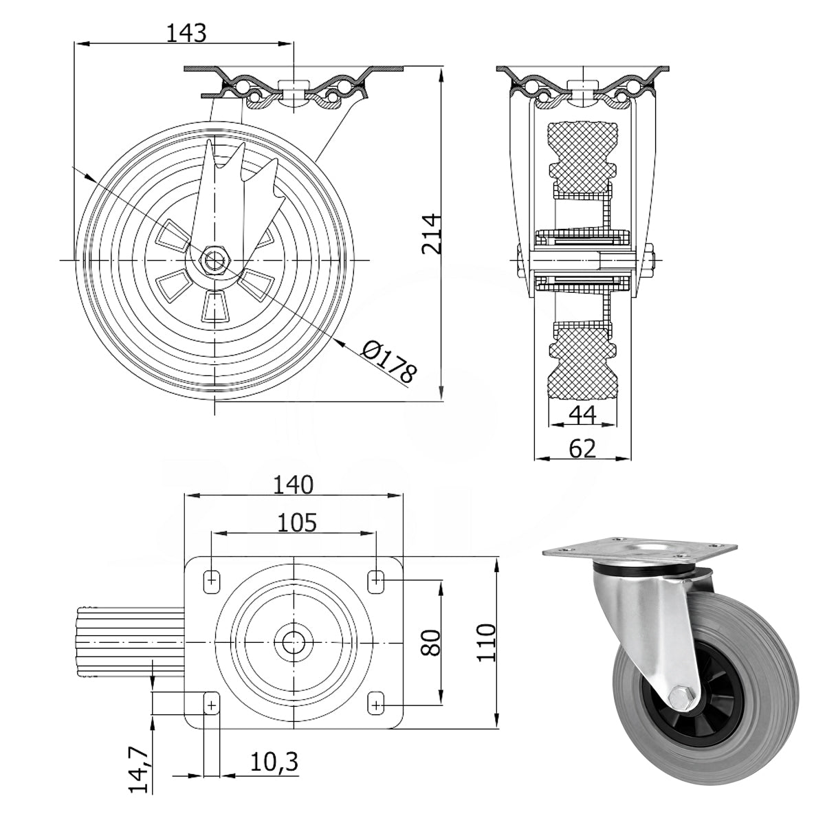 Kunststoff-Gummirrad mit Anschraubplatte Lenkrolle Ø180 mm mit Platte Code: 52TS