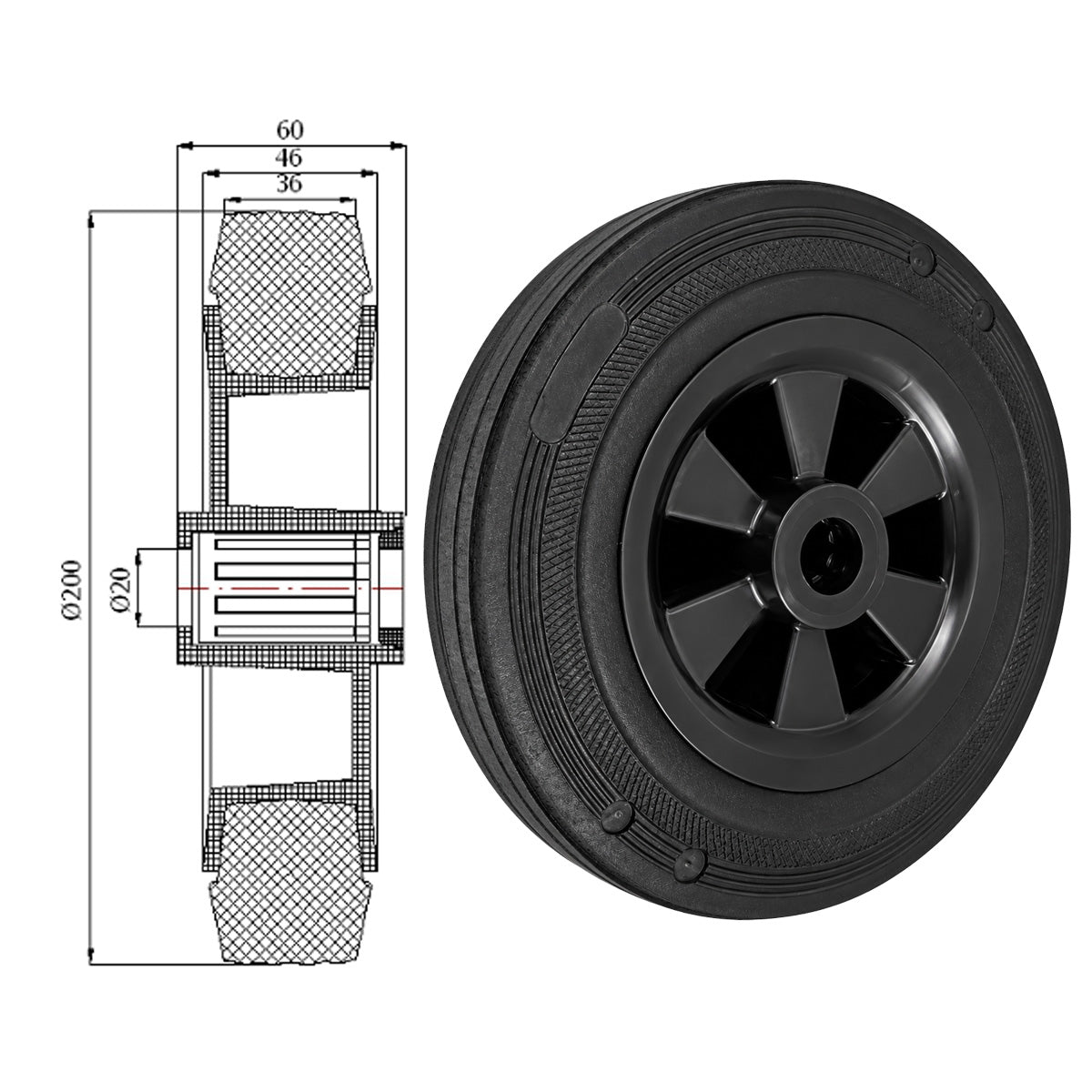 Vollgummi Rad Ø 200 mm mit Polypropylen-Felge Industrie Gummirad Code: 60T