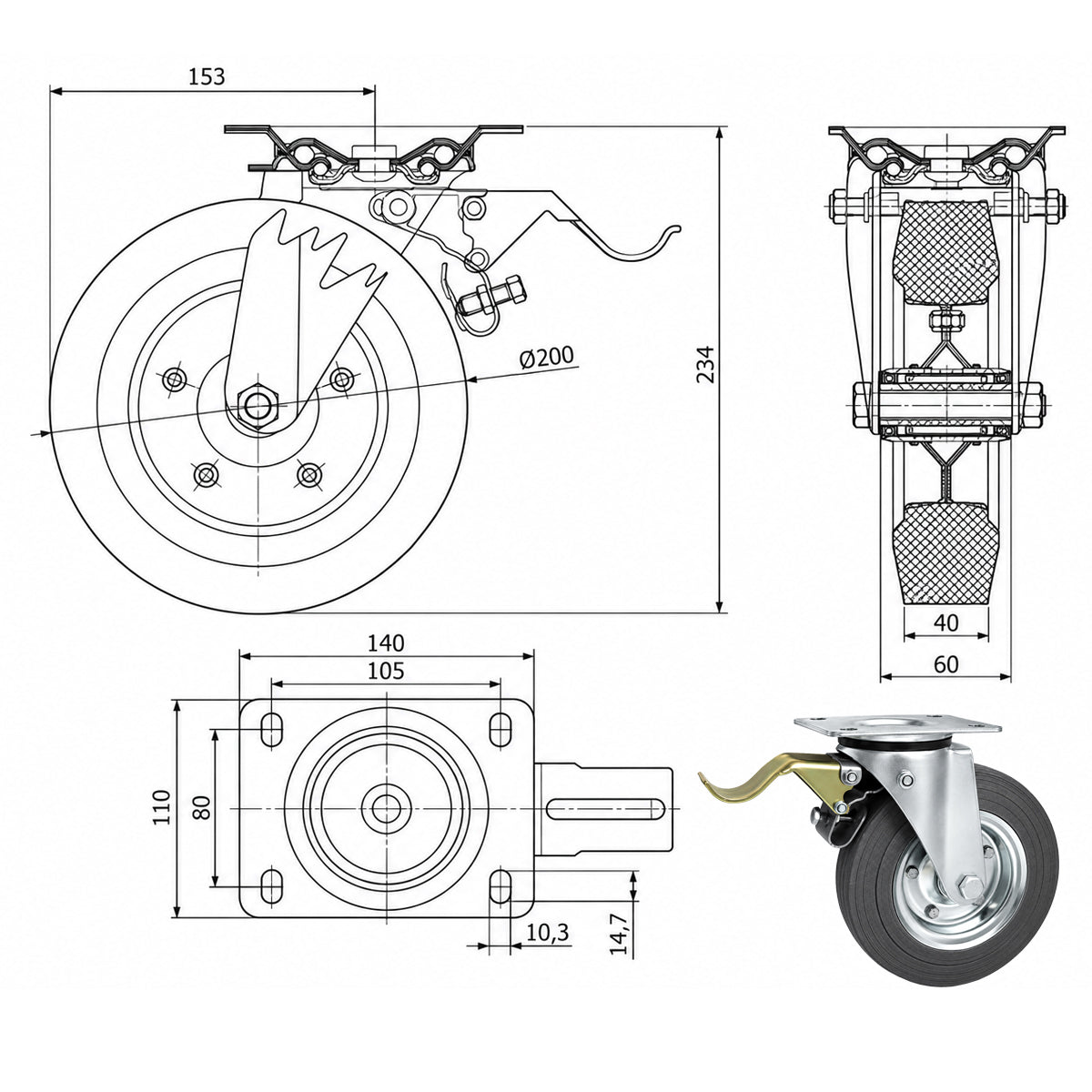 Metall-Gummiräder mit Befestigungsplatte und Bremse Lenkrolle Ø200 mm Code: 65NSH