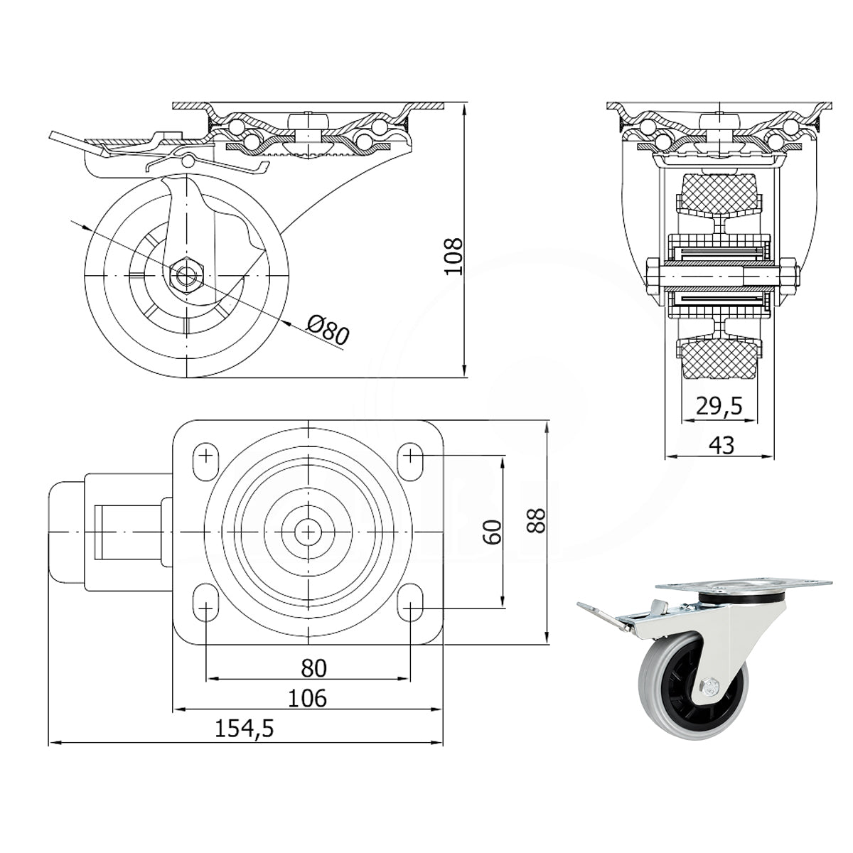 Kunststoff-Gummirrad mit Anschraubplatte und Bremse Lenkrolle Ø80 mm  Code: 6TSH