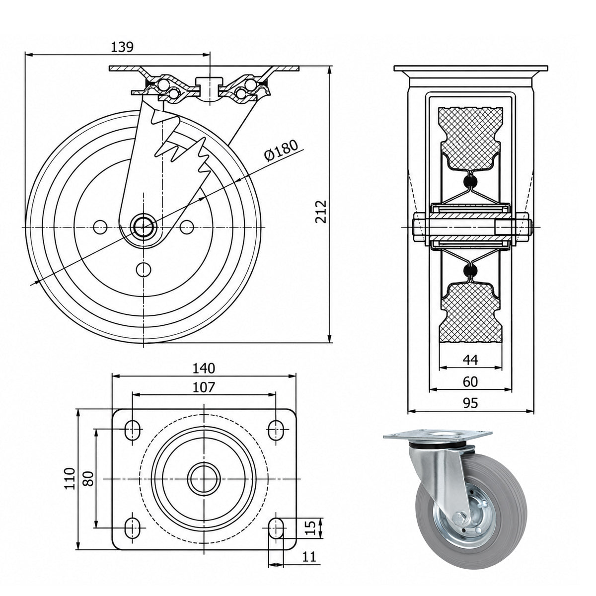 Metall-Gummiräder mit Befestigungsplatte Lenkrolle Ø180 mm mit Platte Code: 52S