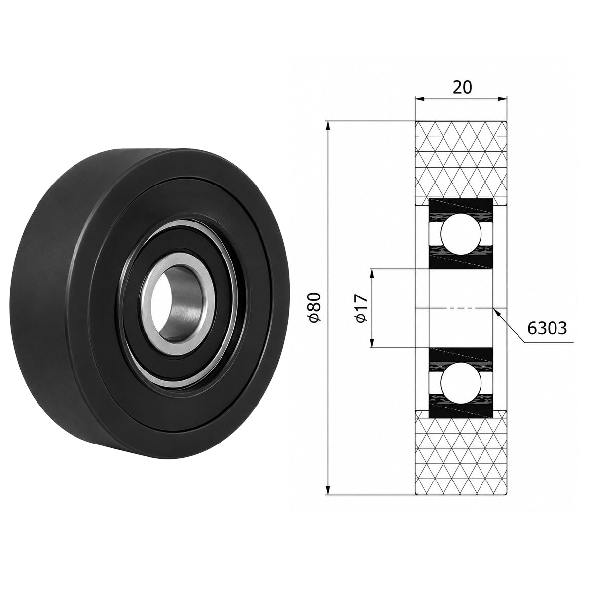Polyamid Rolle Ø 80mm mit Kugellager Kunststoffrolle Industrierollen RP-80-20/17