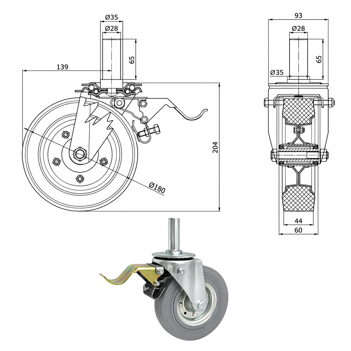 Metall-Gummiräder mit Befestigungsstift und Bremse Lenkrollen  Ø180 mm Code: 56NSH*28