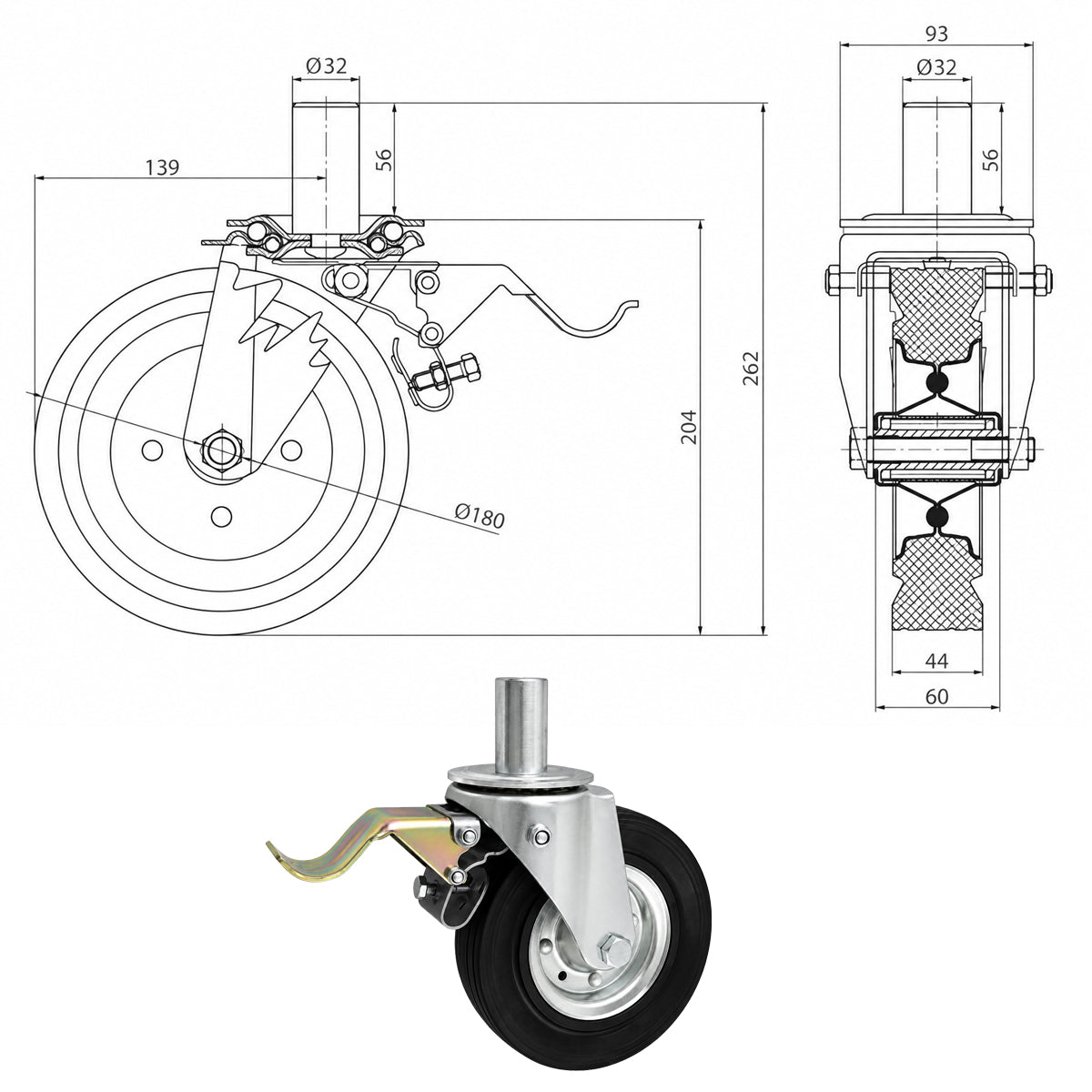 Metall-Gummiräder mit Befestigungsstift und Bremse Lenkrollen  Ø180 mm Code: 56H*32