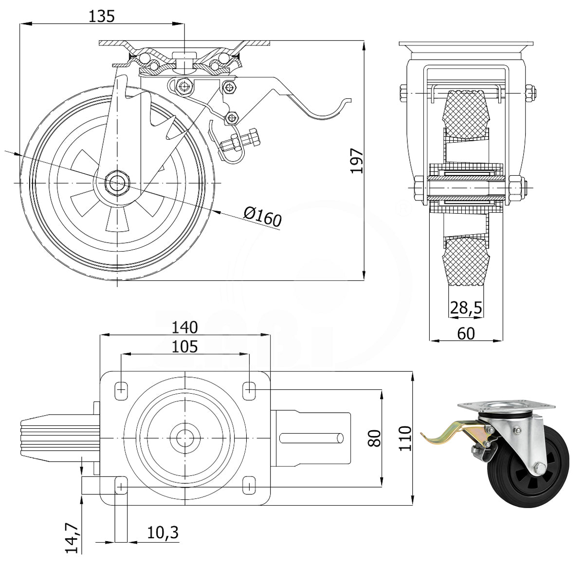 Kunststoff-Gummirrad mit Anschraubplatte und Bremse Lenkrolle Ø160 mm Code: 45T9H